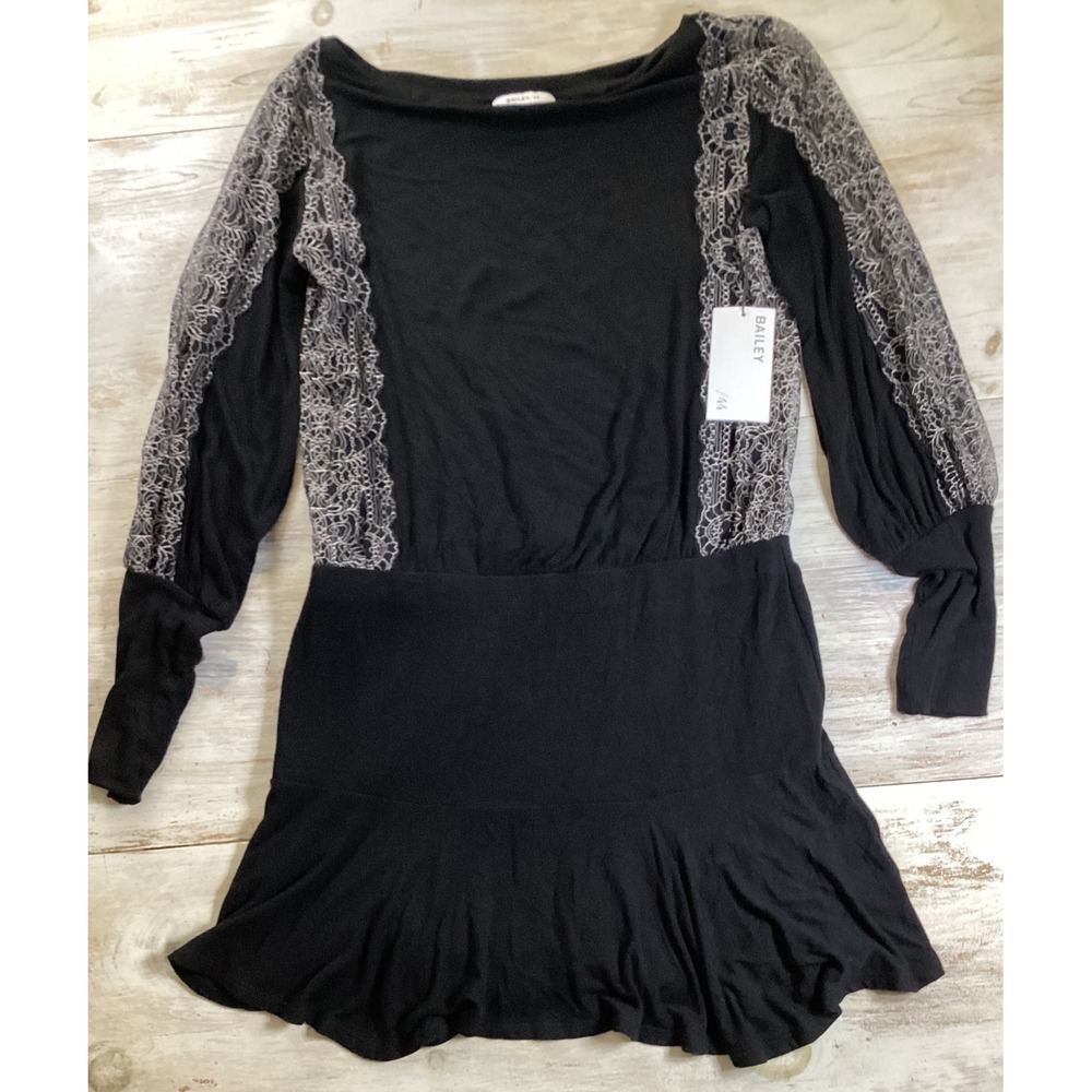 New BAILEY 44 Black Lace Sleeve Knit Dress Women's Medium Made in USA Luxury